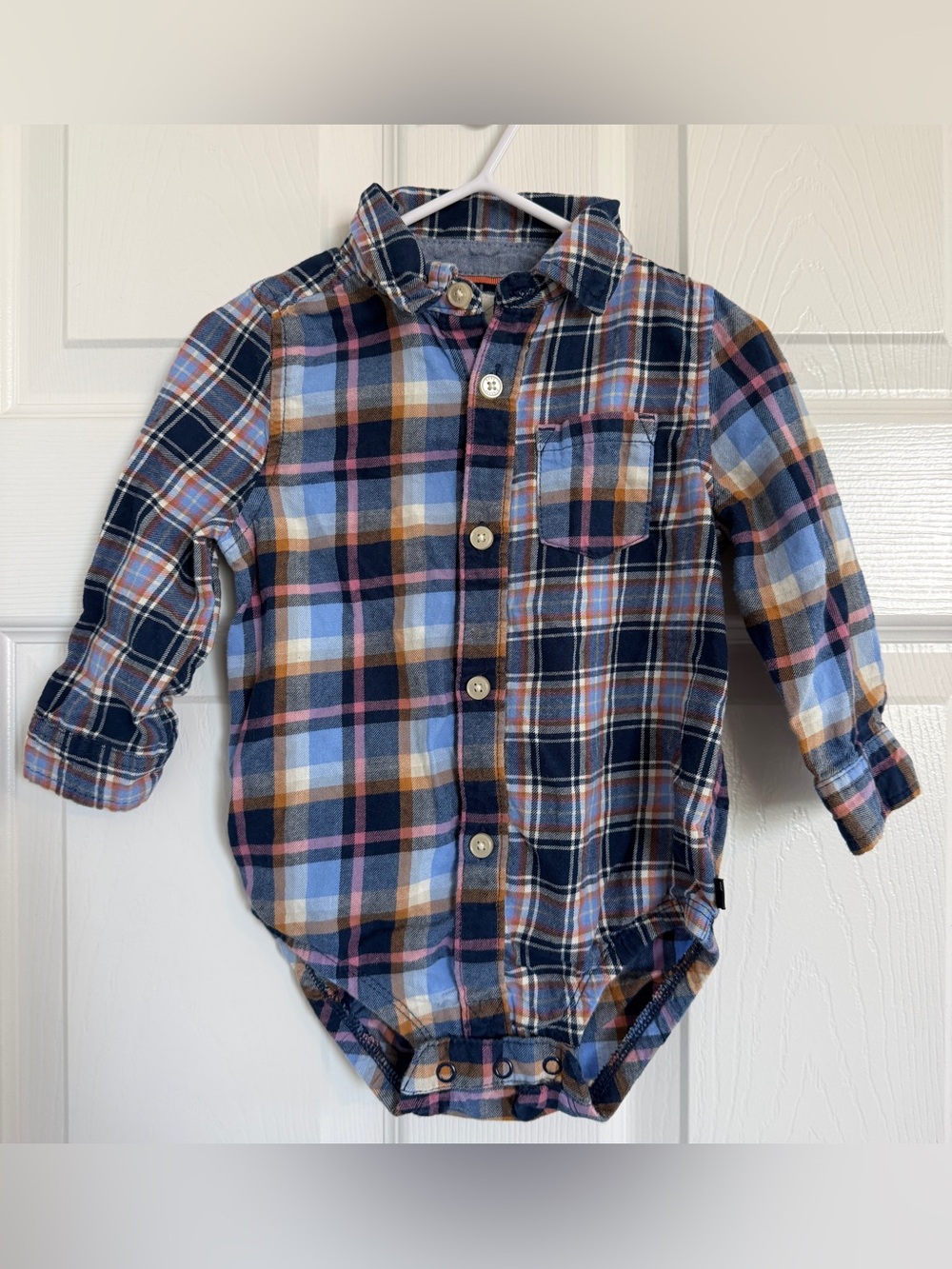 Plaid Button-Front Baby Bodysuit in Navy, Blue & Tan